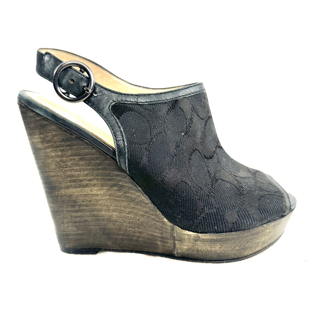 Coach Janet Women Size 5.5 Black Signature Jacquard Wedge Ankle Strap Sandal